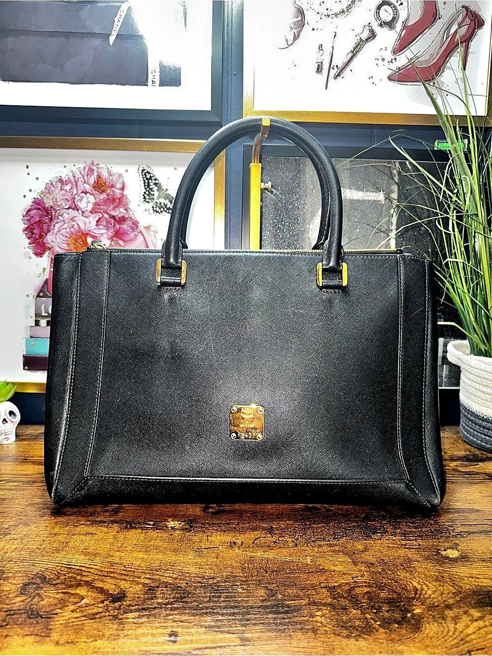 MCM Saffiano Leather Tote Bag Black